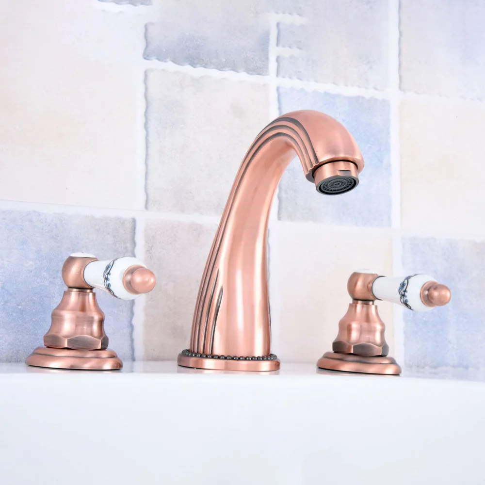 Antique Red Copper Double Handle Basin Faucet Deck Mounted Bathroom Tub Sink Mixer Taps Widespread 3 Holes zsf537