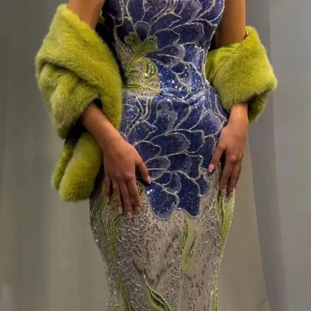 

Ofherown Floral Sequin Embroidered Strapless Evening Dress with Olive Green Faux Fur Shawl Sparkly Mermaid Prom Gown for Women