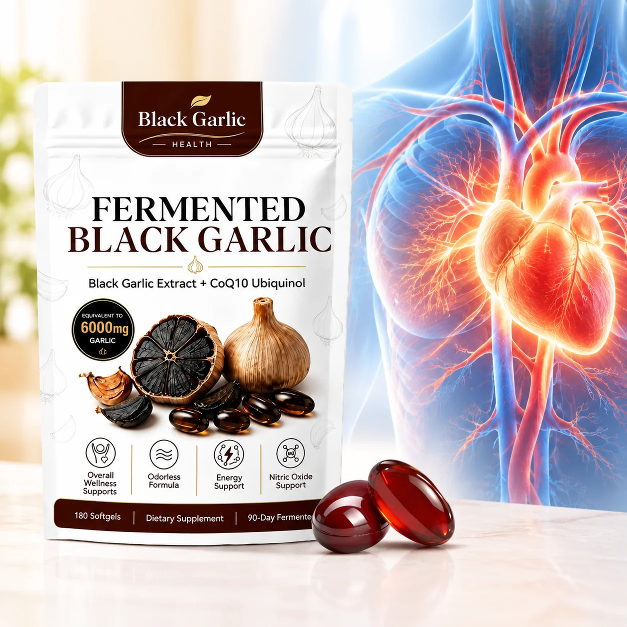 6000mg Fermented Black Garlic Softgels Heart Cardiovascular Health Skin Antioxidant Healthy Aging CoQ10 180pcs for Muscle Pain