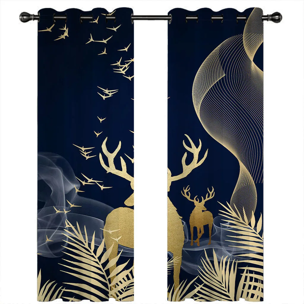 HUANZHUANG Living Room Curtain Fashion 3D Abstract Gold Elk 2 Pieces Shading Window Curtains For Bedroom Decoration Hook