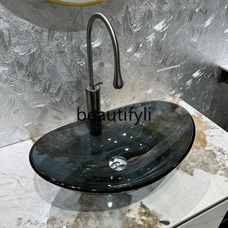 

ss Tempered glass countertop basin, simple wash basin gray coffee square