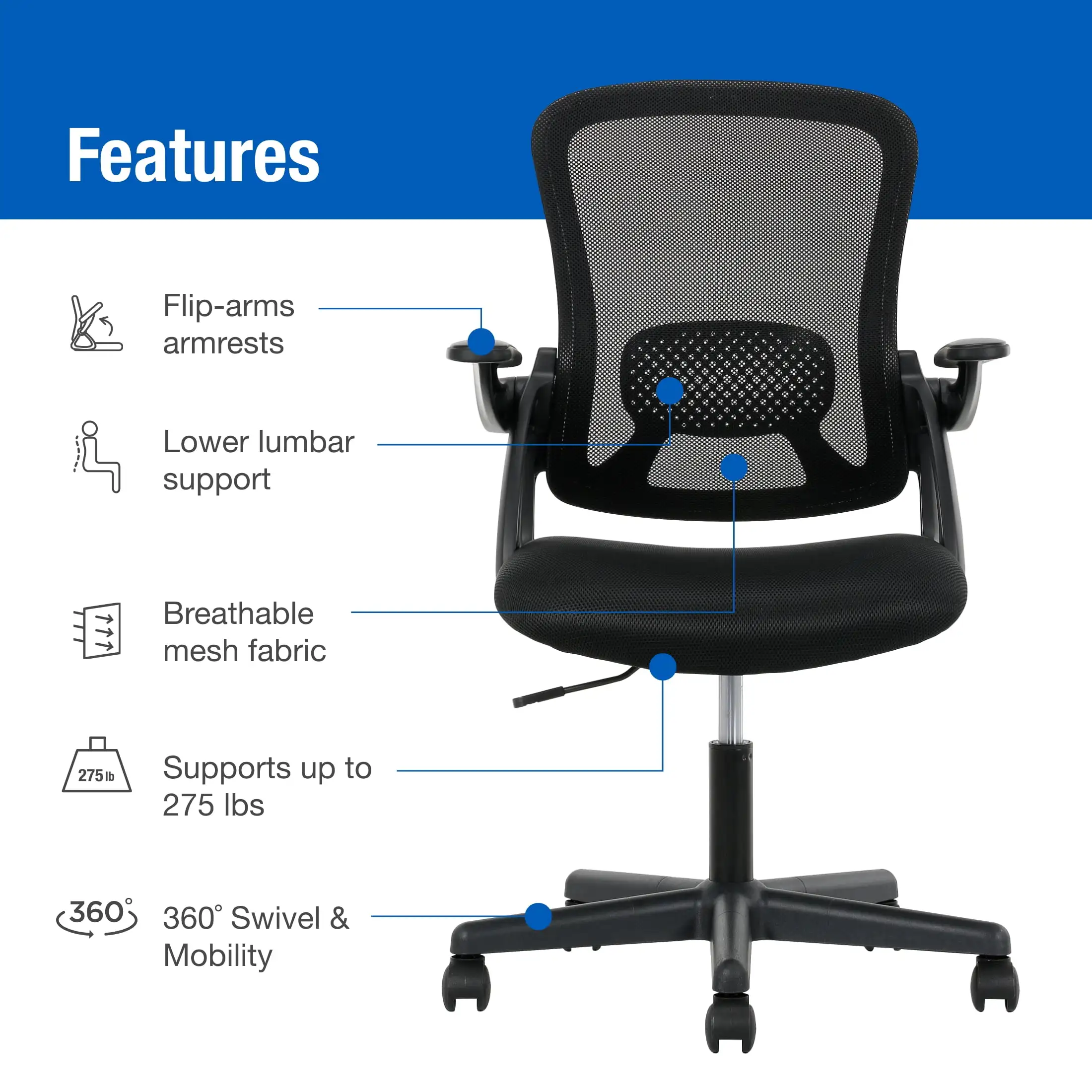 

Ergonomic Mesh Back Office Chair with Flip Up Arms for Adults, Black Fabric, 275lb