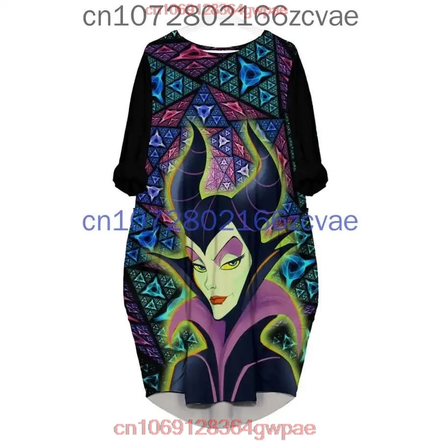 Maleficent Oversize Long Sleeves Pocket Dress Disney Cartoon Batwing Pocket Dress Women\'s Fashion Versatile Loose Party Dress