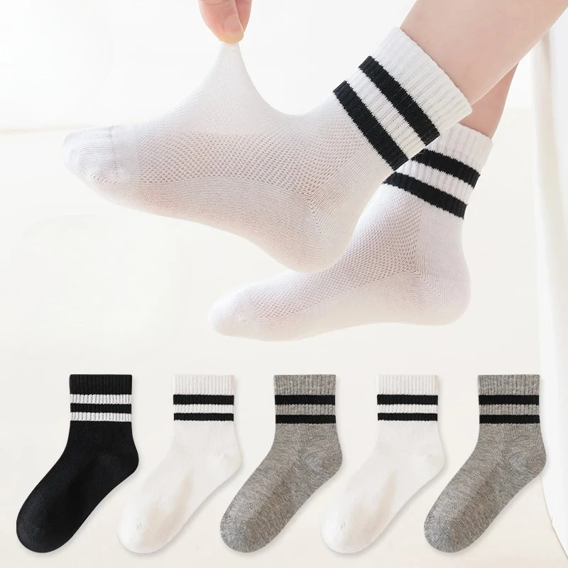 Kids Striped Mesh Socks Antibacterial Odor-Resistant Seamless Breathable Mid-Calf Socks Summer Mesh Socks