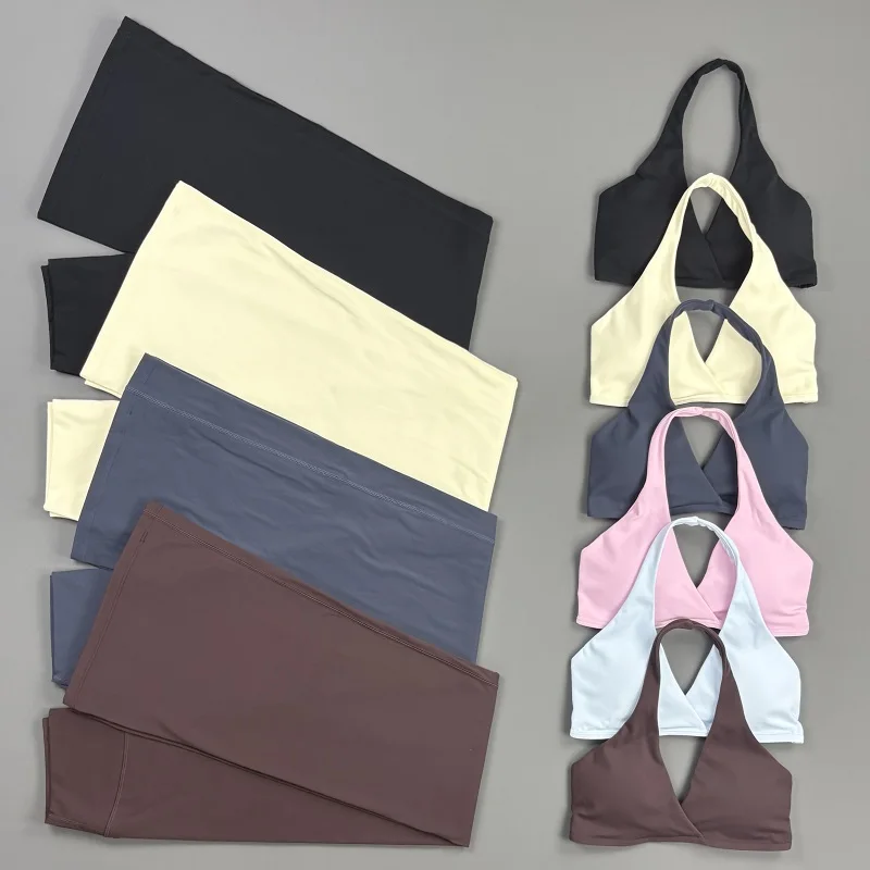 2 Piece Origin Flares Pants Suit Halter V‑Neck Sports Bra High Stretch Breathable Yoga Flared Pants Gym Running Training Sets