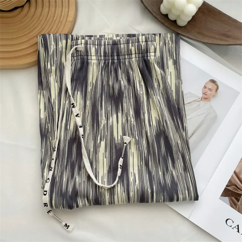 Pantalones de pierna ancha teñidos con tinta fina para mujer, Pantalones rectos delgados de cintura alta, fregado, talla única, longitud de 97cm, Verano