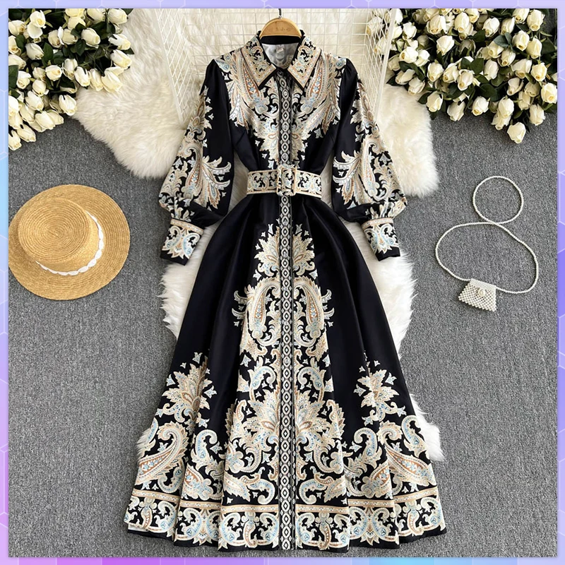 

Vestidos Women Palace Retro Printing Dress Autumn And Winter Long Sleeve Elegant Single Breasted A-Line Shirts Dresses Robe