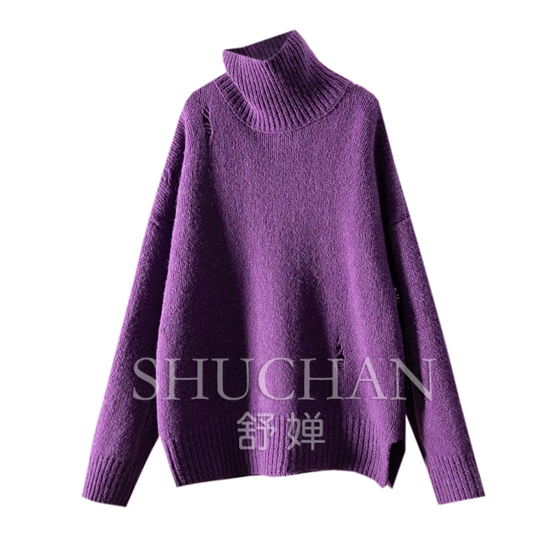 

Holes Wool Alpaca Turtleneck Sweater for Women Casacos De Inverno Feminino Thick Oversized Pullover Long Sleeve Top