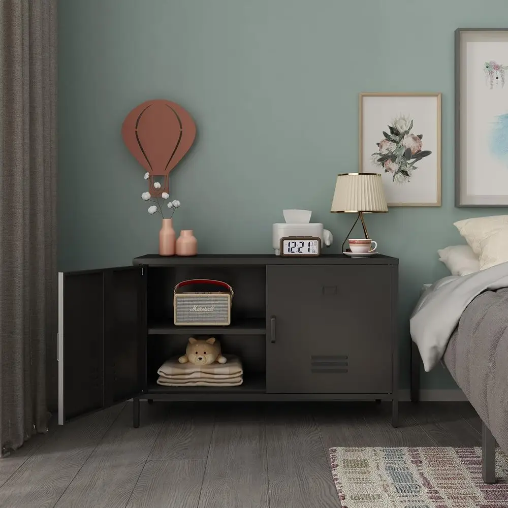 خزانة تخزين فولاذية سوداء ببابين مع أرفف قابلة للتعديل، وخزانة متعددة الأغراض للمنزل والمكتب واستوديوهات الموسيقى #5