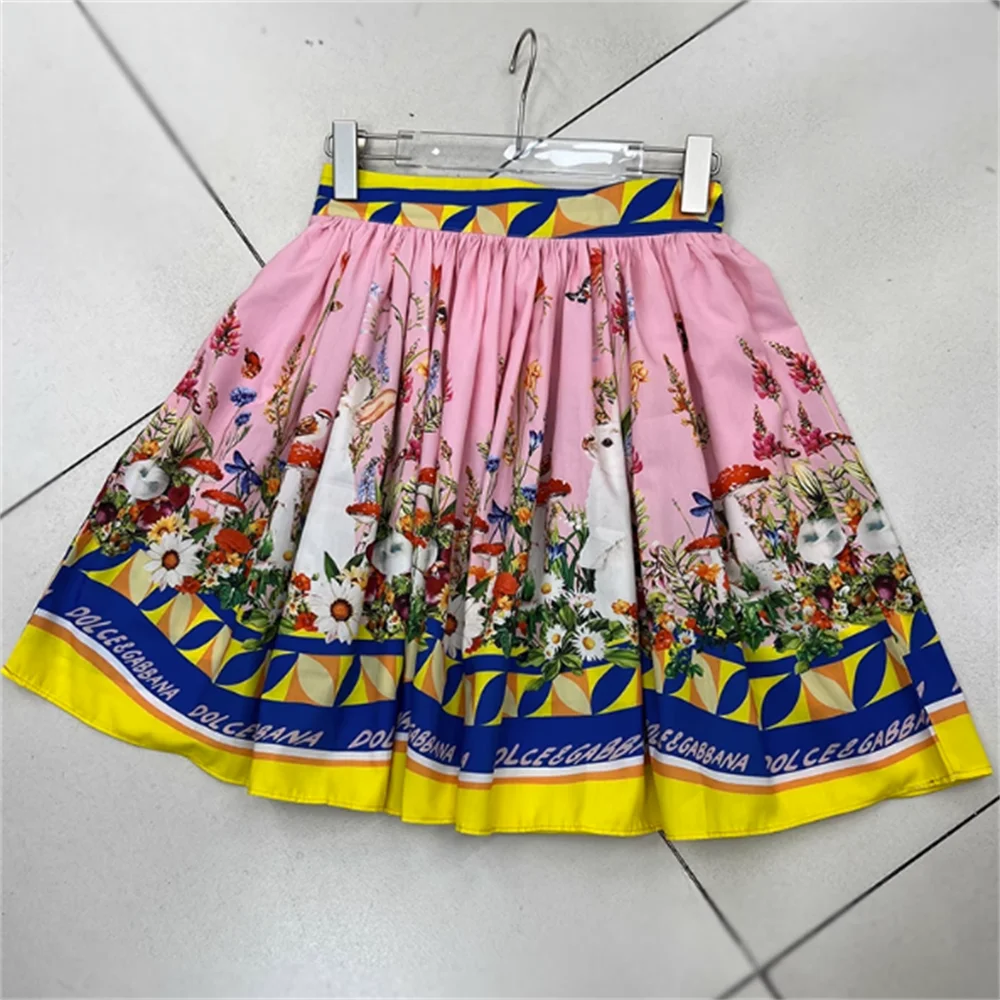 

2023 summer new fashion slim pink print short skirt Pleat women skirt