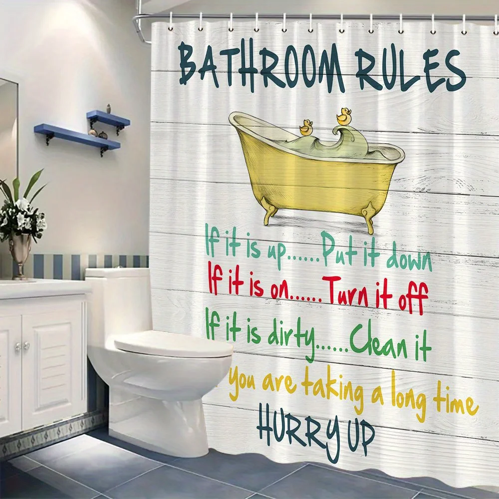 Funny Bathroom Rules Shower Curtain, Vintage Tub Duck Print, Humorous Family Home Decor Waterproof Polyester Fabric Bath Curtain