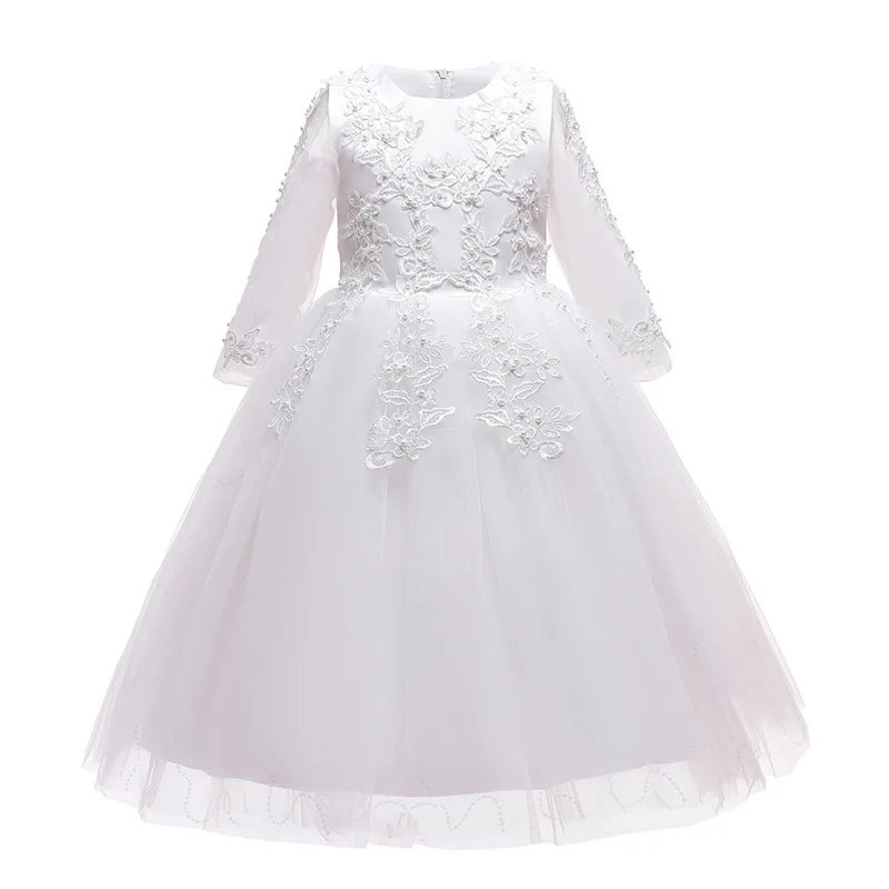 Kids Girls Flower Dress Long Sleeve Princess Appliques Tulle Gown Teens Bridesmaid Wedding Formal Evening Banquet Lace Costume