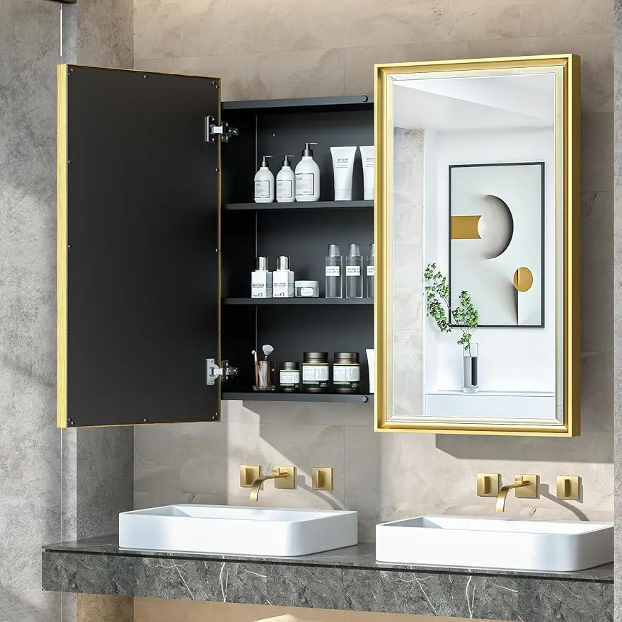 TokeShimi 36x32 Medicine Cabinet Bathroom Vanity Mirror Gold Metal Framed Recessed or Surface Wall Mounted