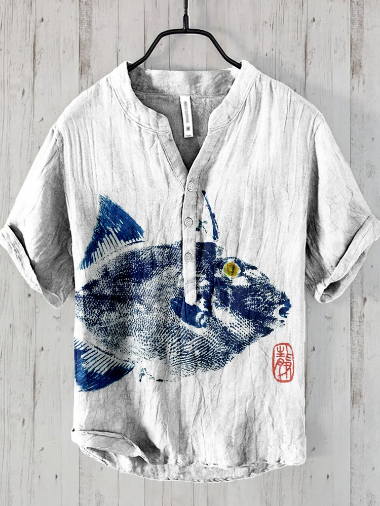Men's Spring and Summer New Linen Short Sleeved Shirt 3D High-Definition Printed Retro Art Casual Loose V-Neck Shirt