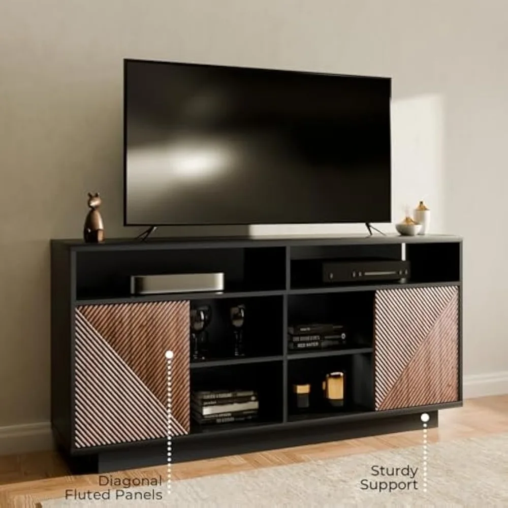 حامل تلفزيون طويل القامة لأجهزة التلفاز حتى 65 بوصة، وحدة تحكم وسائط مركزية للترفيه مع خزائن تخزين وأبواب منزلقة، منتصف السن