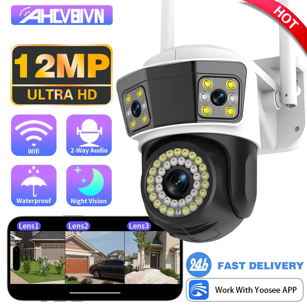 6k 12mp Wifi Kamera Outdoor Triple Lens Triple Screen Sicherheit Mobile Body Detection Outdoor IP CCTV Survalance Yoosee App