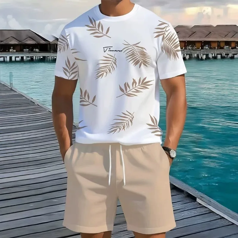 Europe and The United States Beach Wind Men's Leisure Suit Fresh and Simple Short-sleeved Loose Holiday Shorts Two-piece Suit.