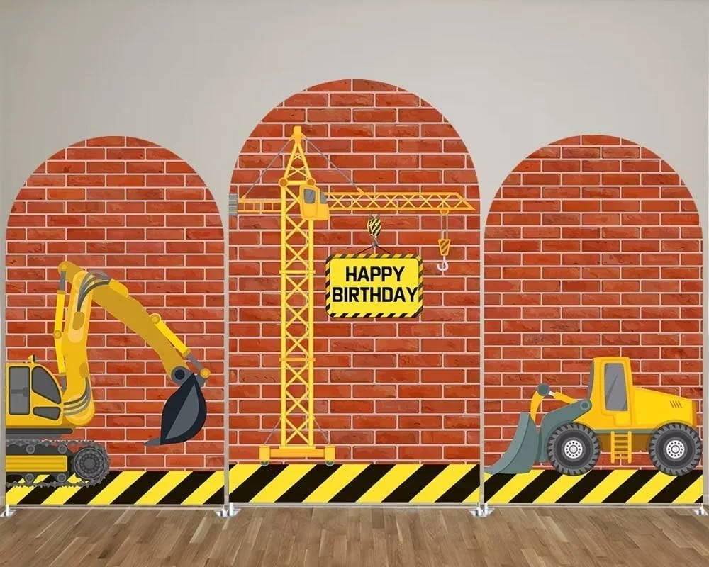

Фон с аркой, строительный экскаватор, красная кирпичная стена, двухслойный фон с круглым верхом для украшения детского дня рождения