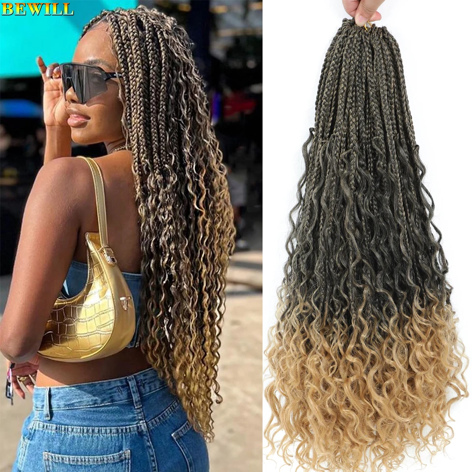 

BEWILL 18 "24" Boho Box Braids Вязаные крючком волосы Богемная богиня Box Braids Синтетические вязанные крючком волосы с вьющимися концами для чернокожих женщин