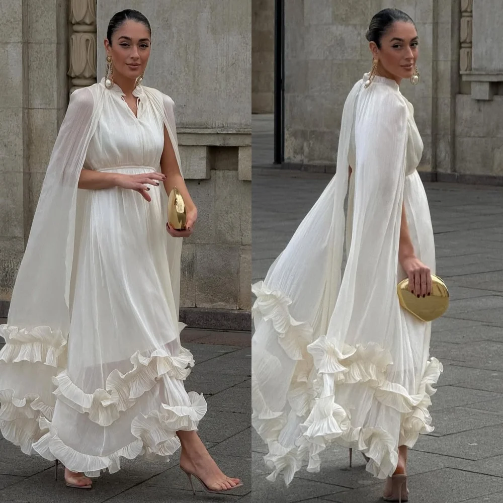 

Customized Matching Classic Chiffon Pleat Draped A-line High Collar Midi Dresses Bespoke Occasion Dresses Exquisite Elegant Sexy