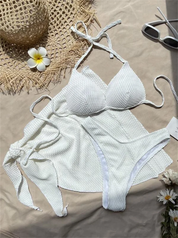 Bikini Women Swimsuit 2024 New Solid Halter Ribbed Bikinis Set Sexy Thong Swimwear Summer Three Piece Beach Bathing Suit Female