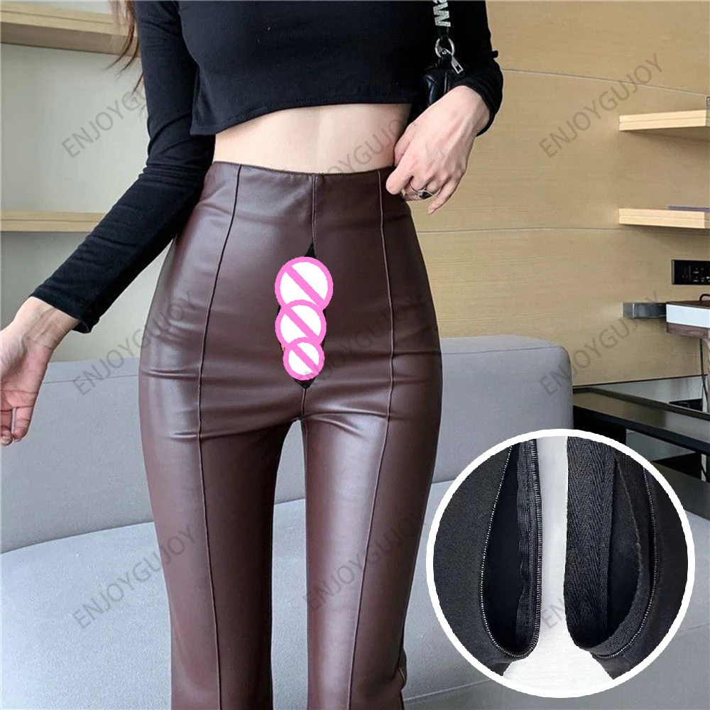 

High-end PU Leather Pants Women's，Invisible Open Gear Outdoor Sex Slim-fitting Micro-flared Pant，Nostalgic Popular High Waisted