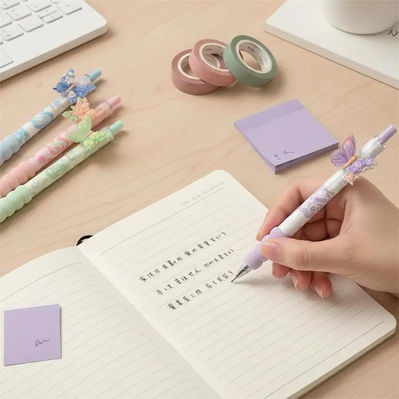 5Pcs/Set Floral Butterfly Black Gel Pens Quick Drying Ins Girly Style Random Design Gel Pen For Study Exam Office Stationery