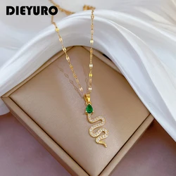 DIEYURO 316L Stainless Steel Green Zircon Snake Pendant Necklace For Women Vintage Girls Charm Chain Party Jewelry Gifts Bijoux