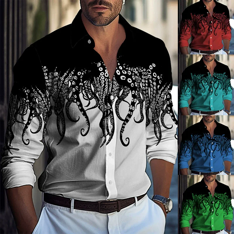 

Fashion Octopus Pattern Men's Shirts All Season Long Sleeve 3D Printed Street Hip Hop Male Blouse 4XL Plus Size Casual Shirt