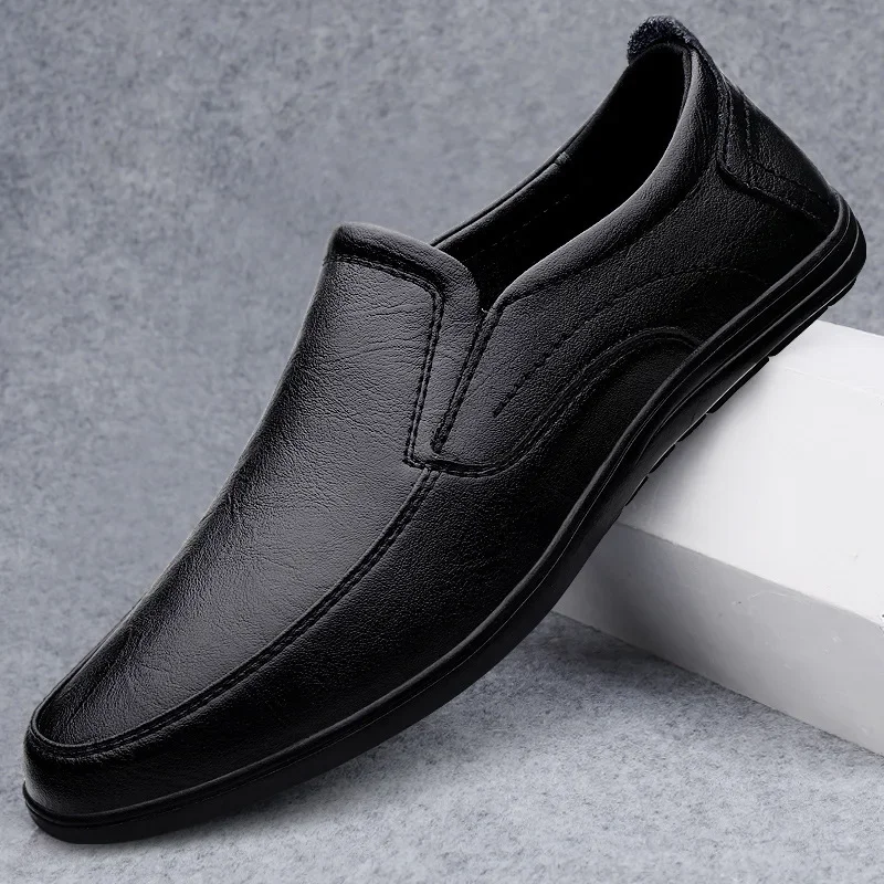 Mocassins de couro genuíno masculino, mocassins high-end, tendência de um pedal, negócios