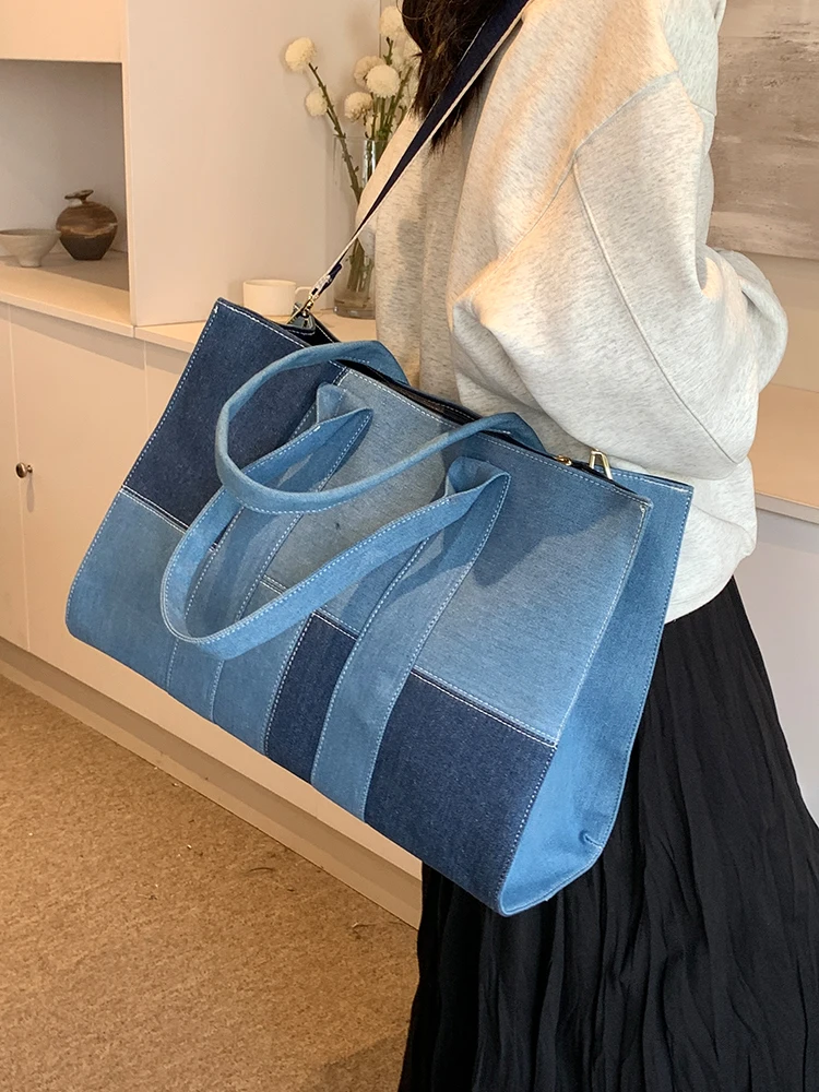 Trendy Pathwork Denim Tote Design Handbags and Purses Women Shoulder Crossbody Bags 2024 New Jeans Messenger Clutches Bag