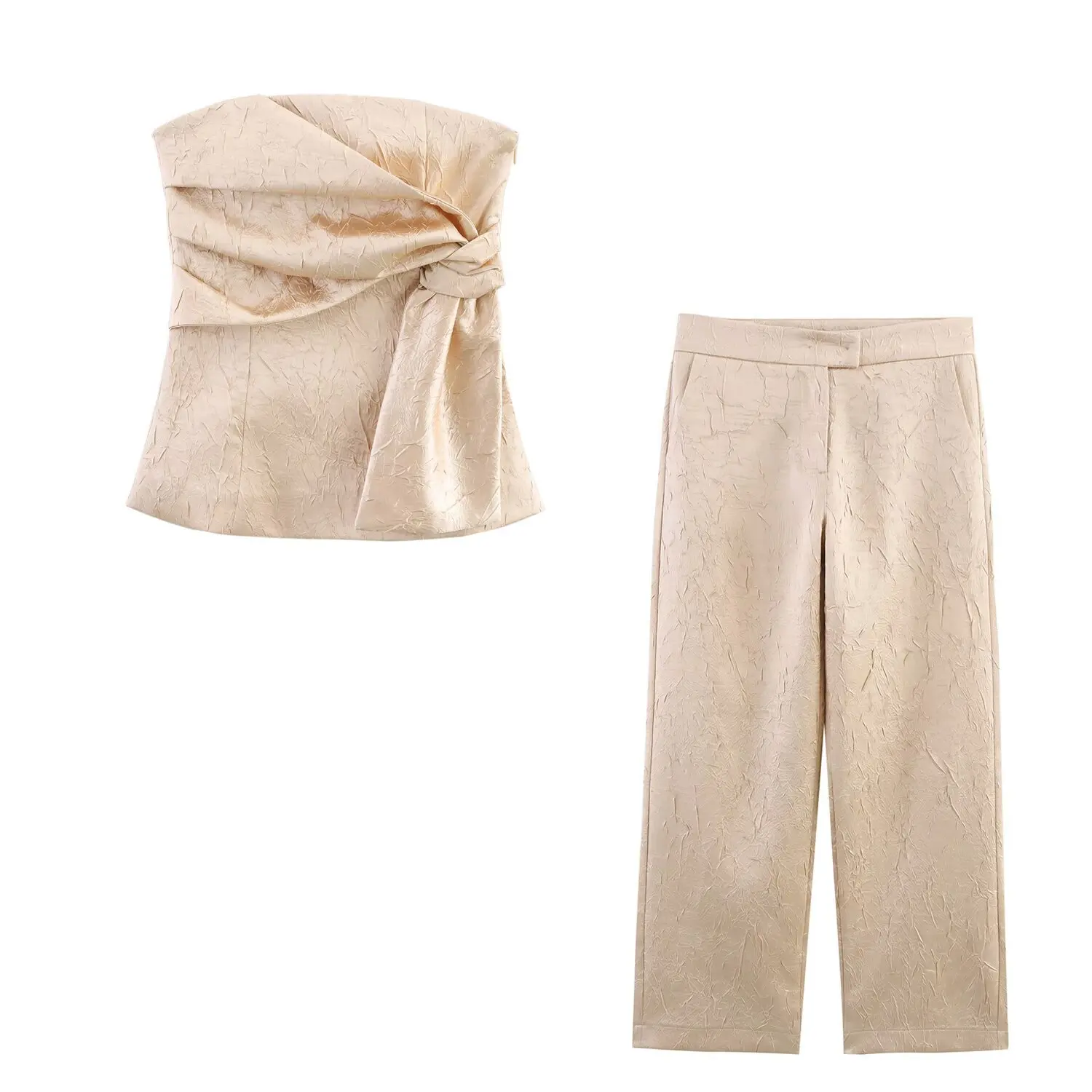 

2025 New Women's Summer Suit Women's Satin Pleated Tight Fitting Tube Top, Paired with Stylish and Simple Full Leg Pants