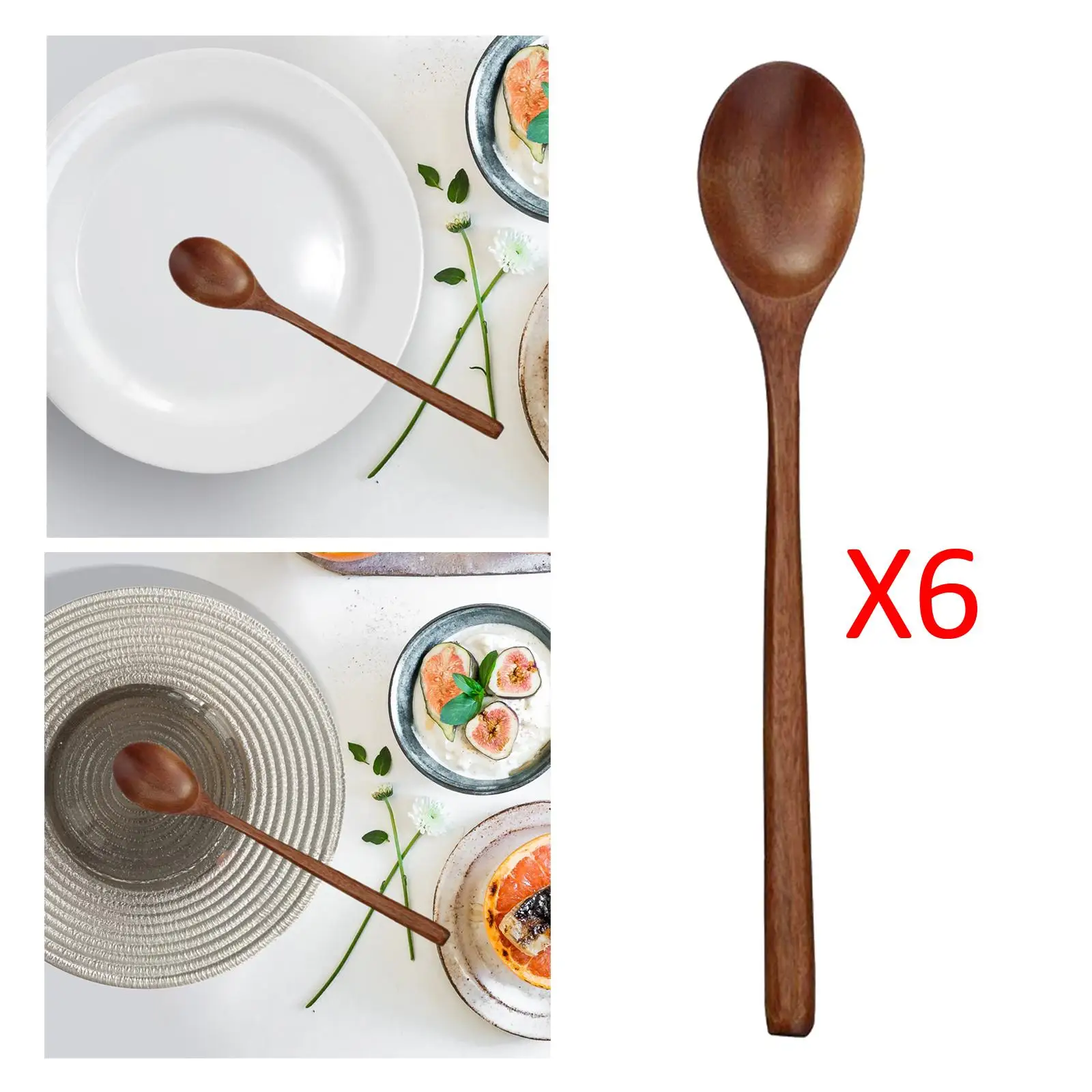 6Pcs Wooden Spoons - 9 '' Long Handle Cooking Spoons for Mixing Food