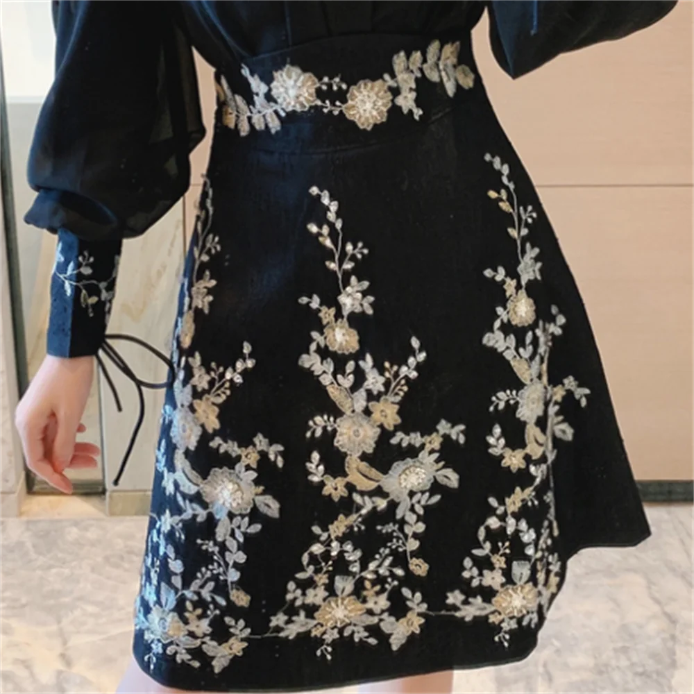 

Embroidered Sequins High Waist A-Line Skirt short skirt casual waist