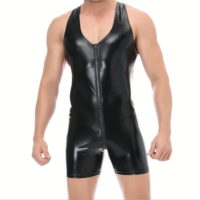 Sexy Mens Undershirts PU Leather Zipper Open Crotch Bodysuit Wrestling Singlet Jumpsuit Stage Clubwear Male One Piece Leotard