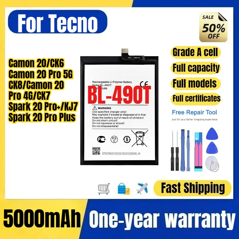 BL-49OT for Tecno Camon 20/Pro 5G/CK8/Pro 4G/CK7/Spark 20 Pro+/KJ7/CK6/Spark 20 Pro Plus Phone Battery Replacement Bateria