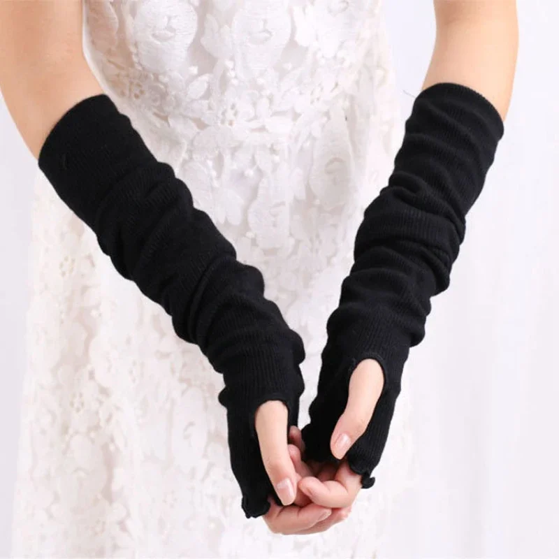 Knitted Ruffled Arm Sleeve Fine Long Knitted Fingerless Gloves Warm Riding Soft Female Gloves Autumn Winter Women Arm Warmers