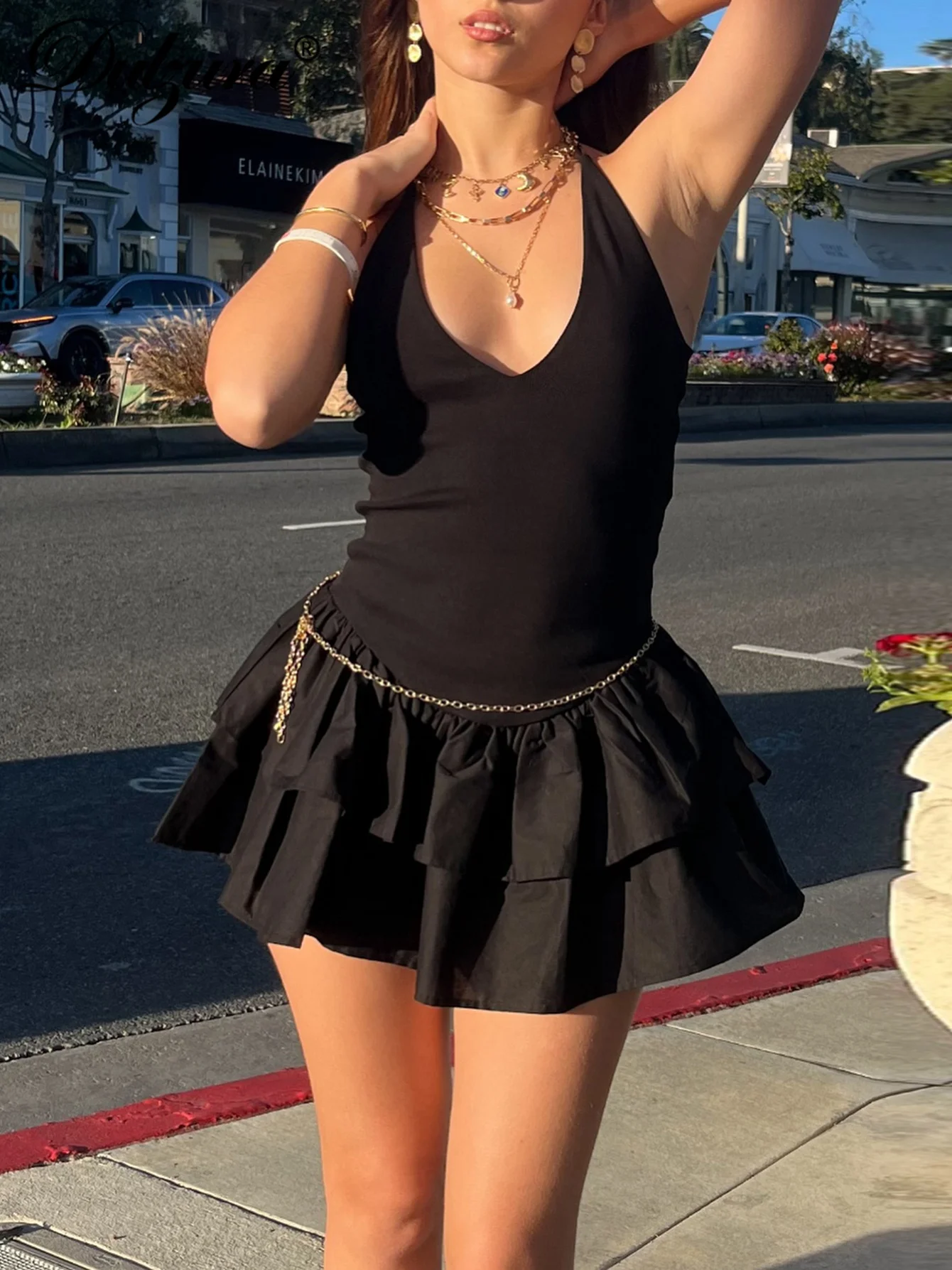 Dulzura Halter Sleeveless Backless Bodycon Cami Pleated Mini Dress Solid Sexy Elegant Long Dress Party Club Street Summer Outfit