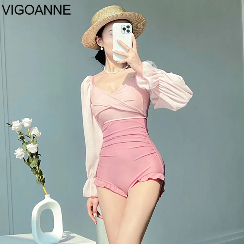 VigoAnne Pink Long Sleeve Swimwear Women 2024 Patchwork Push Up One Piece Swimsuit Korean Slimfit Monokini Backless Bathing Suit