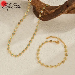 Sifisrri Vintage Oil Blue Flower Chain Necklace Bracelet Jewerly Set for Women Girl Stainless Steel Fashion Valentine's Day Gift