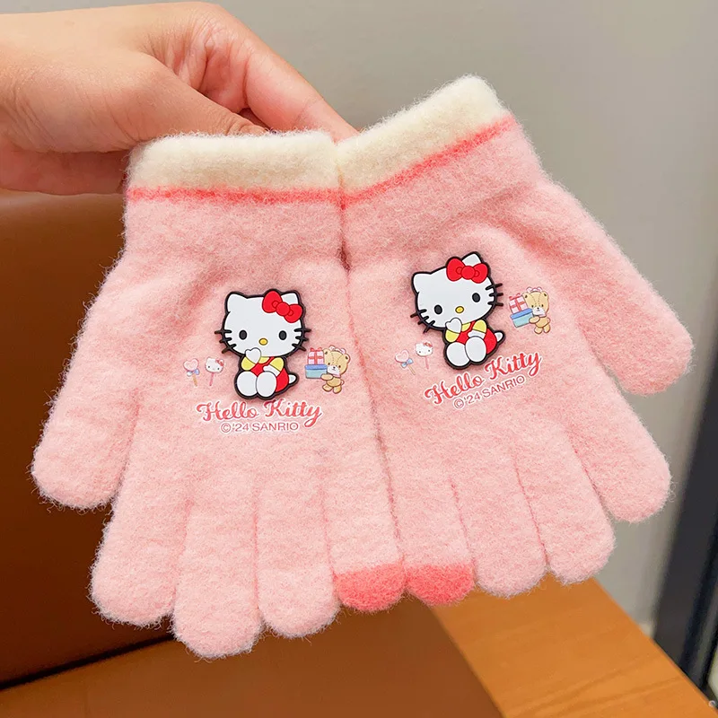 Sanrio luvas infantis de inverno meninas dos desenhos animados kuromi conjuntos quentes de cinco dedos meninas frio anticongelante conjuntos de dedos divididos