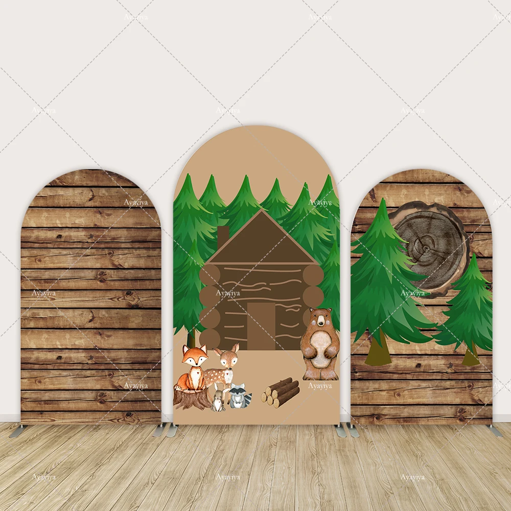 

Woodland Baby Shower Decoration for Boy Arch Cover Backdrop Chiara Wall Green Tree Brown Wooden Newborn Kids 1st Birthday Banner