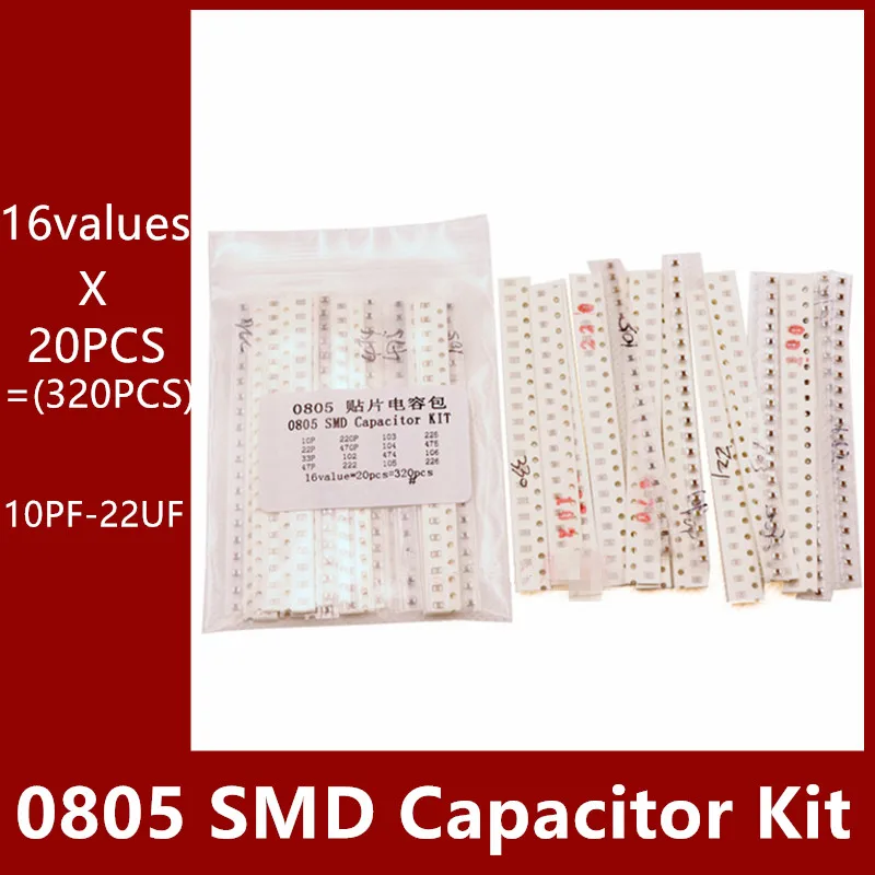 

16values*20pcs=320pcs 0805 SMD Capacitor assorted kit 10PF-22UF Samples kit