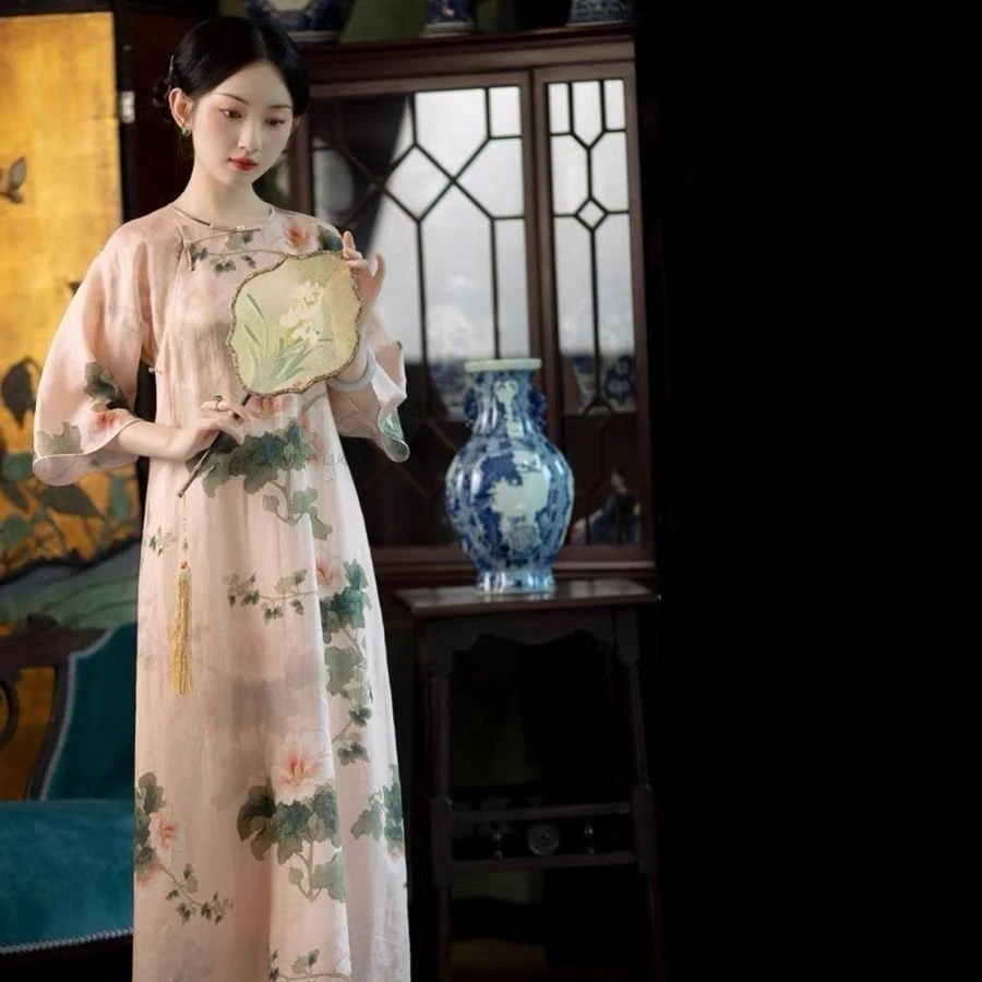 

Новое розовое платье Cheongsam в китайском стиле в стиле ретро для молодых девушек с большими рукавами, женское винтажное платье Ципао с большими рукавами