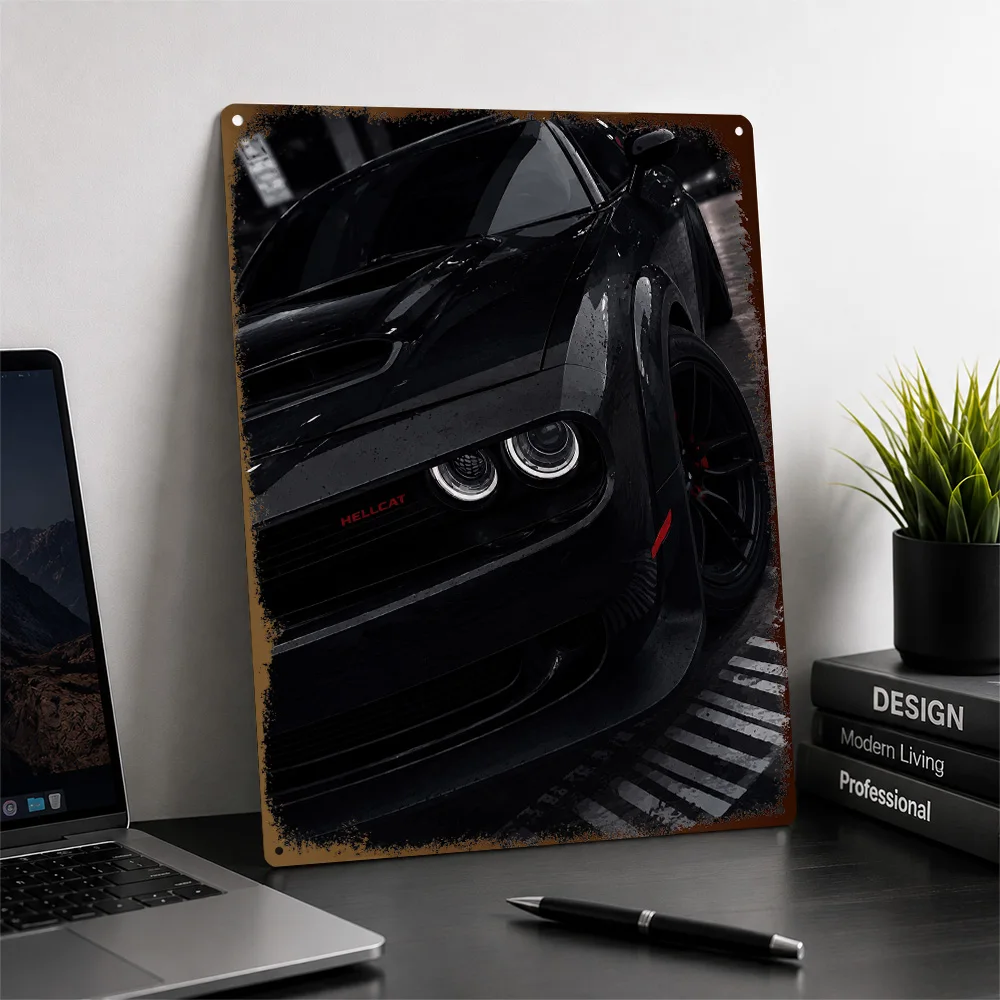 USA Hellcat Black Sports Car Printed Poster Personalized Aluminum Metal Sign Exotic Motoring Style Wall Art Perfect For Garage