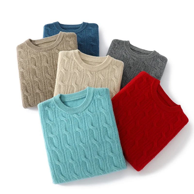 

Осень-зима, новый свитер из 100% шерсти, мужской свитер, однотонный жаккардовый свободный свитер с круглым вырезом, повседневный утолщенный деловой свитер