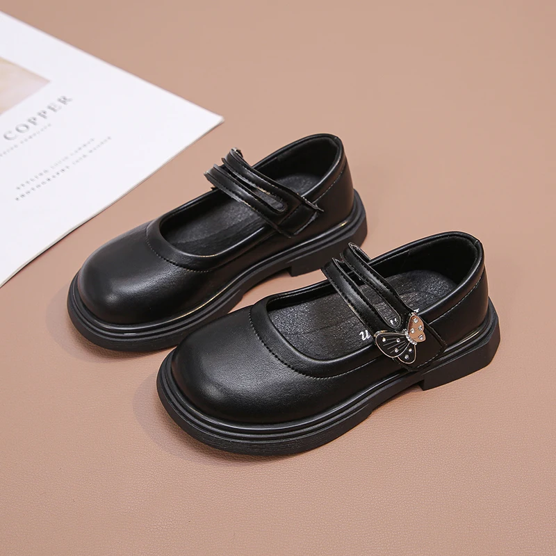 Girls Leather Shoes Black/beige Diamond Bow, Spring and Autumn Outdoor PU Outdoor Girls Leather Shoes Sandalias De Mujer