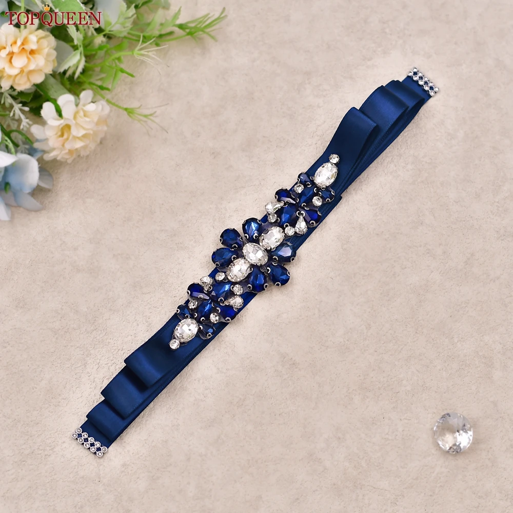 TOPQUEEN Handmade Wedding Belt Navy Blue Stone Floral Design Bridal Ribbon Belt Wedding Accessories Bridesmaid Sash S45-ML