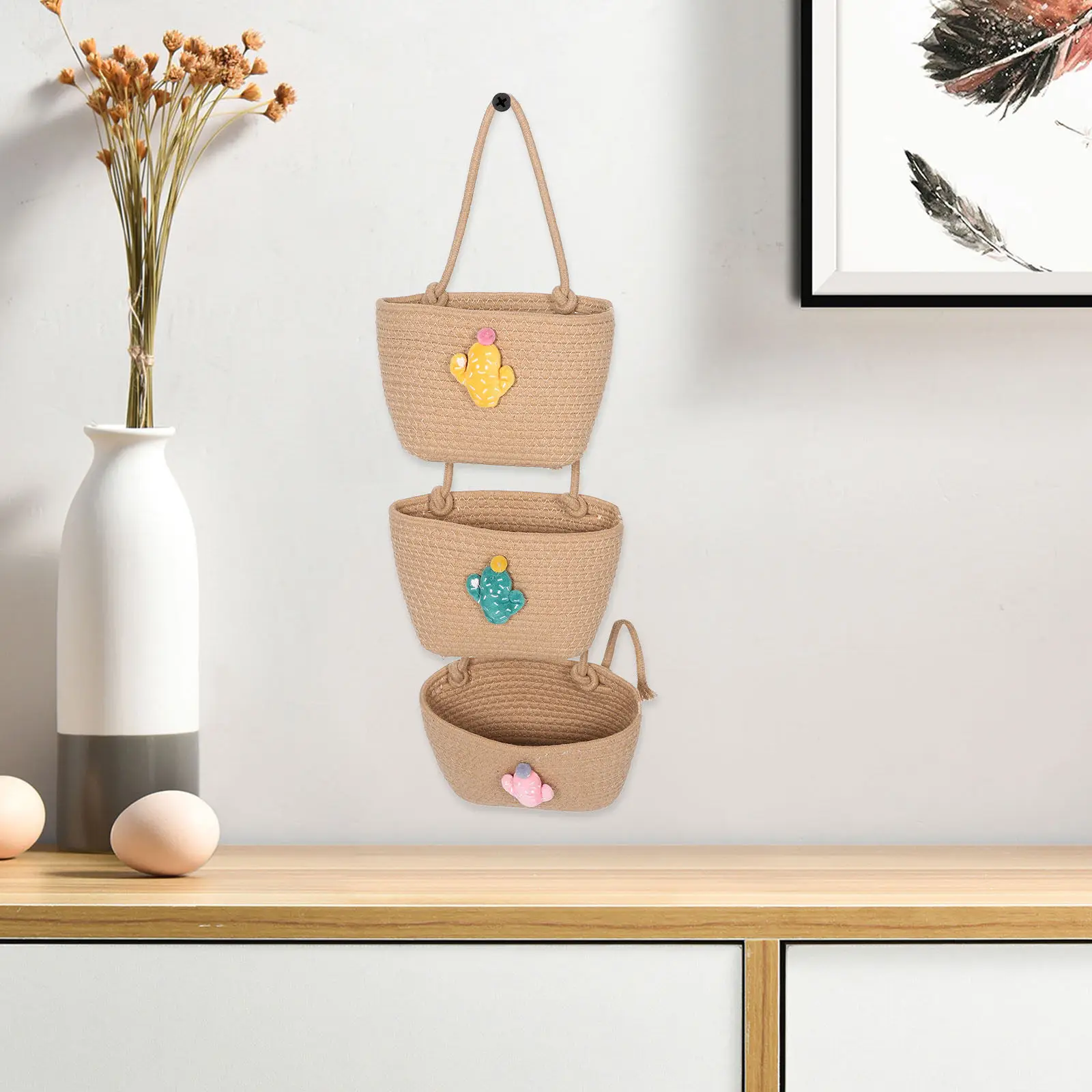 

3-Tier Hanging Storage Basket Woven Cotton Rope Over Door Organizer Wall-Mounted Nursery Bathroom Kitchen Storage Boho Decor