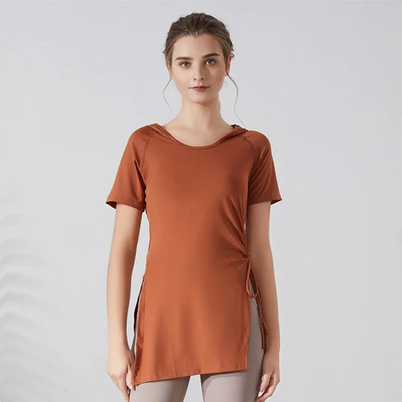 Summer Women Sports Hoodies Bandage Yoga Shirts Forked Short Sleeves Running T-Shirts Oversized Gym Fitness Hooded Tops Blouse